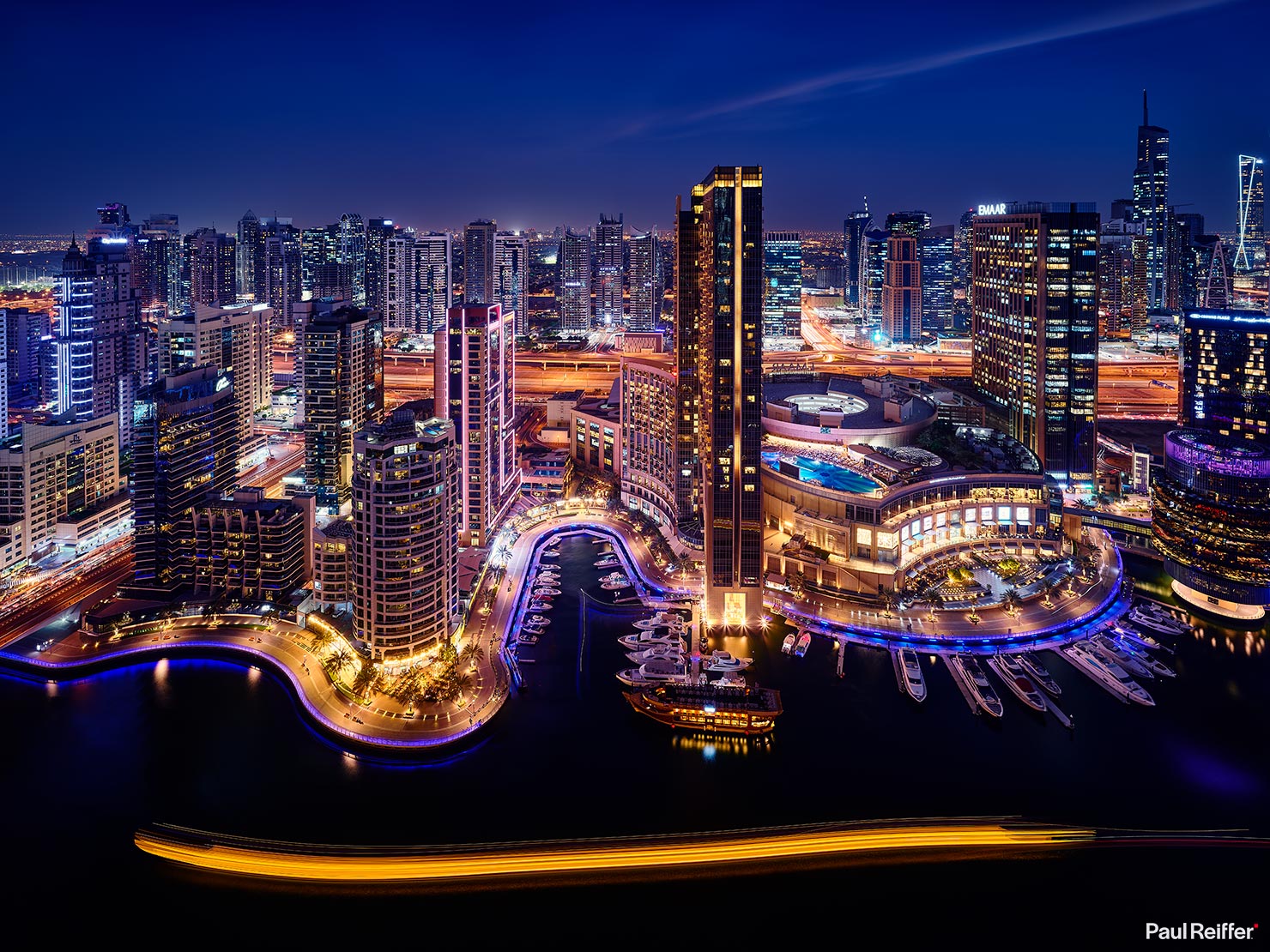 Roof View Night Boat Trails Lights City IHG InterContinental Hotels Resorts One Rewards Hotel Hospitality Photography Photographer Luxury Dubai Marina Paul Reiffer