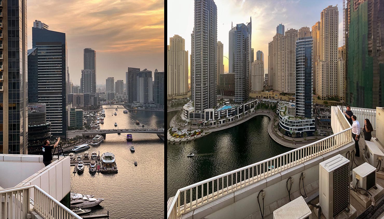 BTS Shooting from rooftops Hero Shot Marina Uwe Richter Gao Di River Harbour Across Roof Phase One Gitzo Paul reiffer Dubai Cityscape Above Skyscraper Night Lounge Intercontinental IHG Rewards