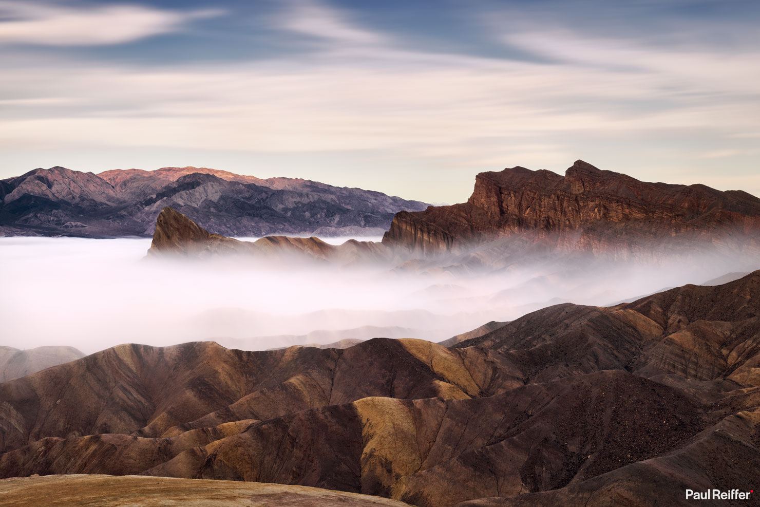 Zabriskie Soup Death Valley Fog Right Peak Wide P0015506 Paul Reiffer Medium Format Landscape Photography Fine Art Print National Park California Professional Rock Formations Point