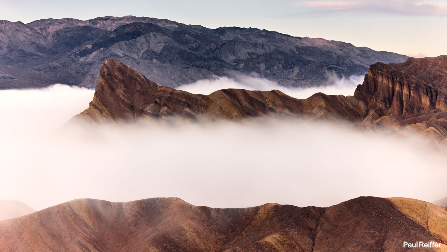 Zabriskie Soup Death Valley Fog Right Tight 16x9 P0015494 Paul Reiffer Medium Format Landscape Photography Fine Art Print National Park California Professional Rock Formations Point