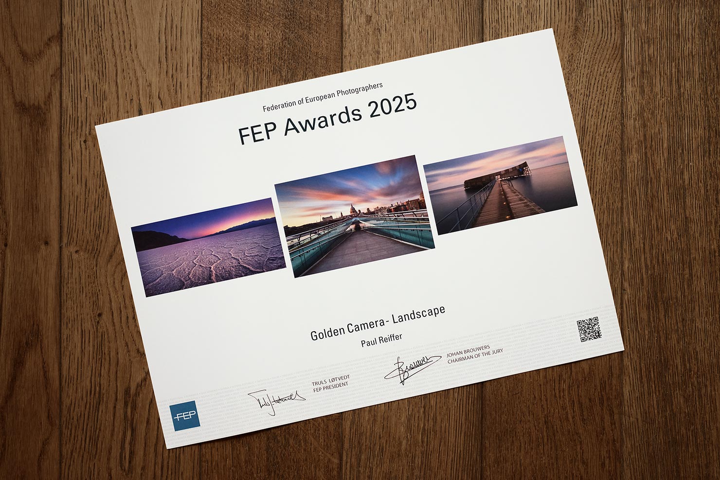 Certificate Winning Images Excellence FEP Awards 2025 Golden Camera Winner Landscape Photographer Of Year Europe Federation European Photographers Paul Reiffer Prize_DSF0904