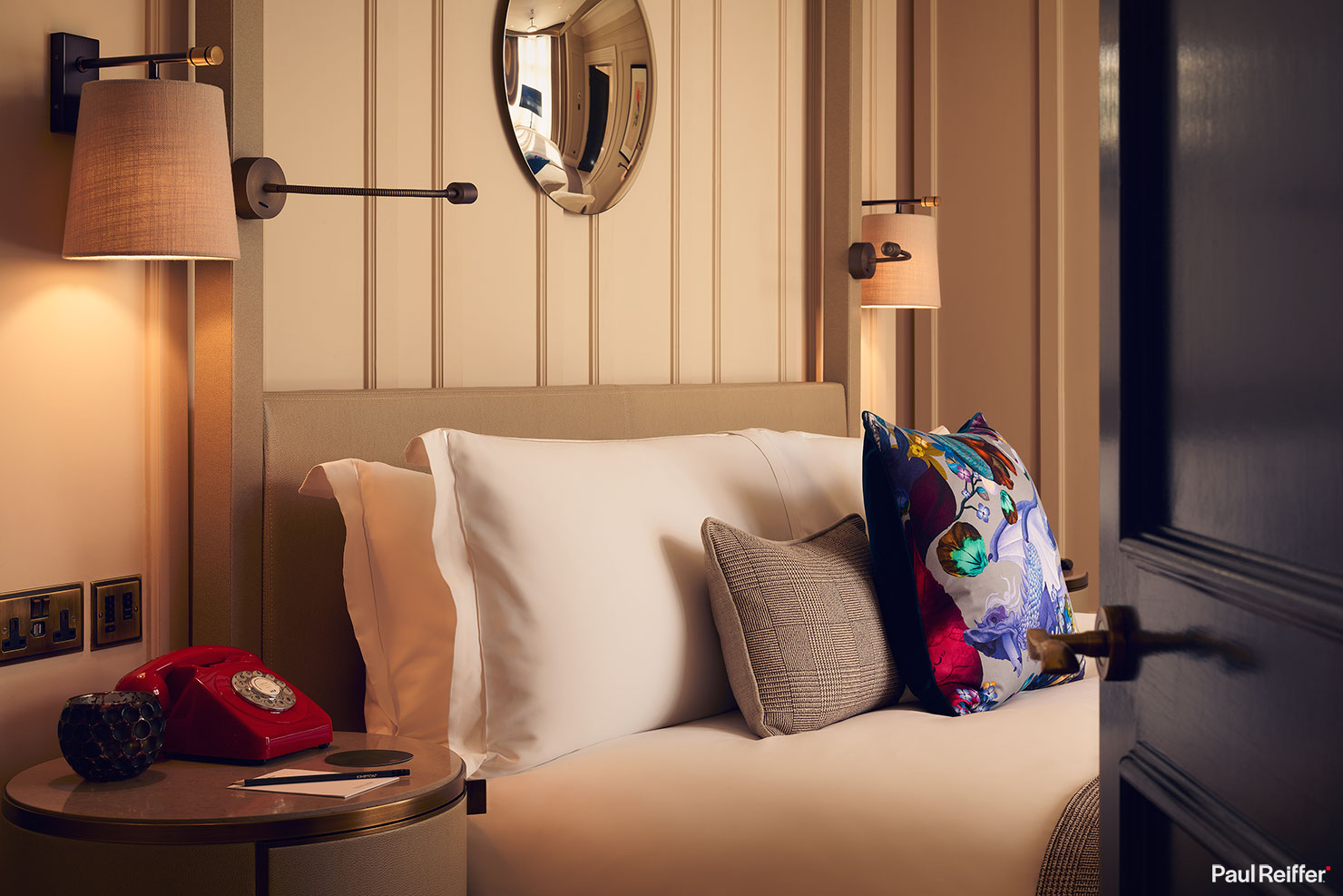 Kimpton London Fitzroy Bedroom Door Suite Open Warm IHG Luxury Hotel Photography Commercial Paul Reiffer Worldwide Rooms Restaurant Resort Guide Best Photographer