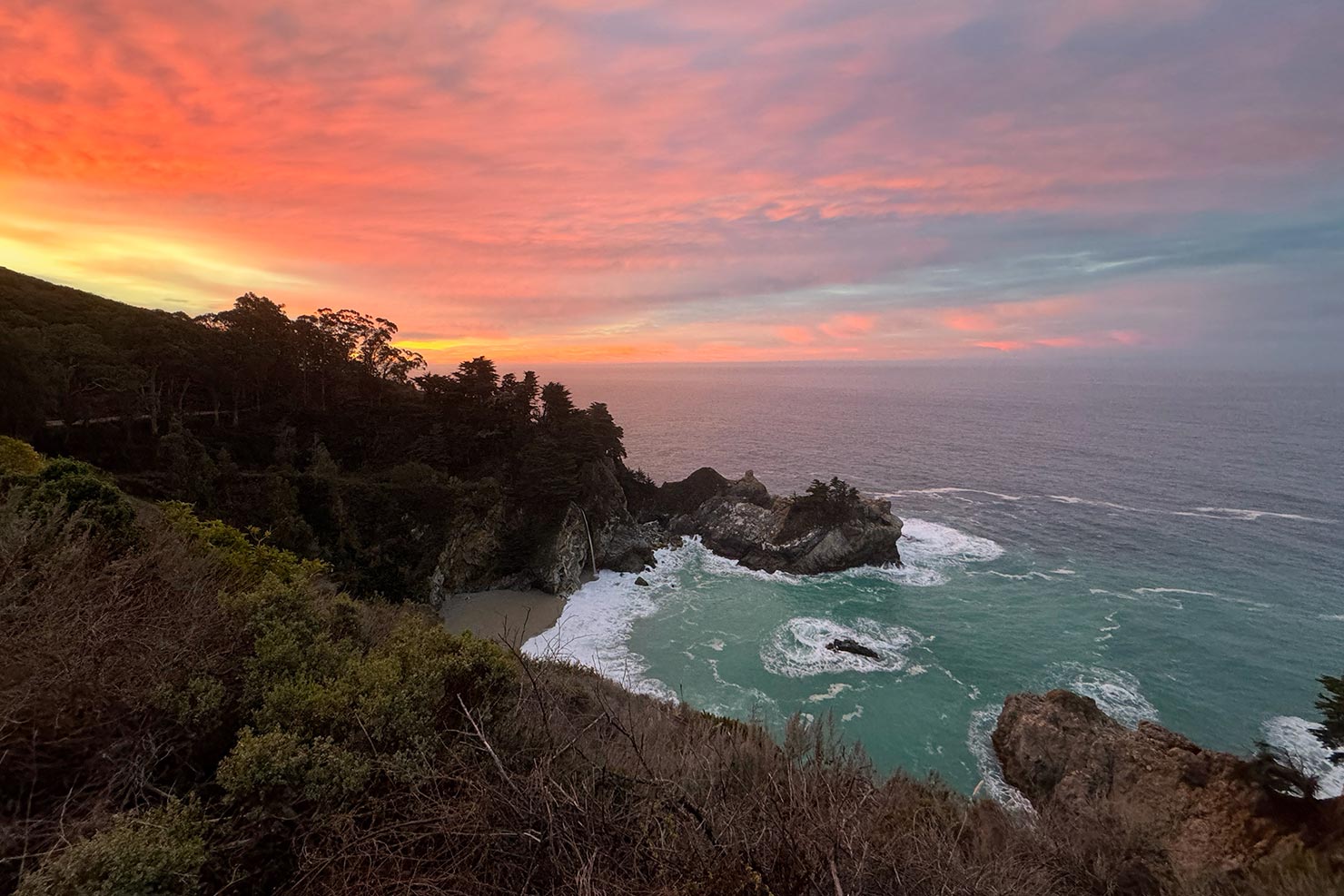 2024 Too Vivid Print Sunrise iPhone Shot Fire Sky McWay Falls Waterfall California Searching For Perfect Conditions Ocean Big Sur IMG_8206