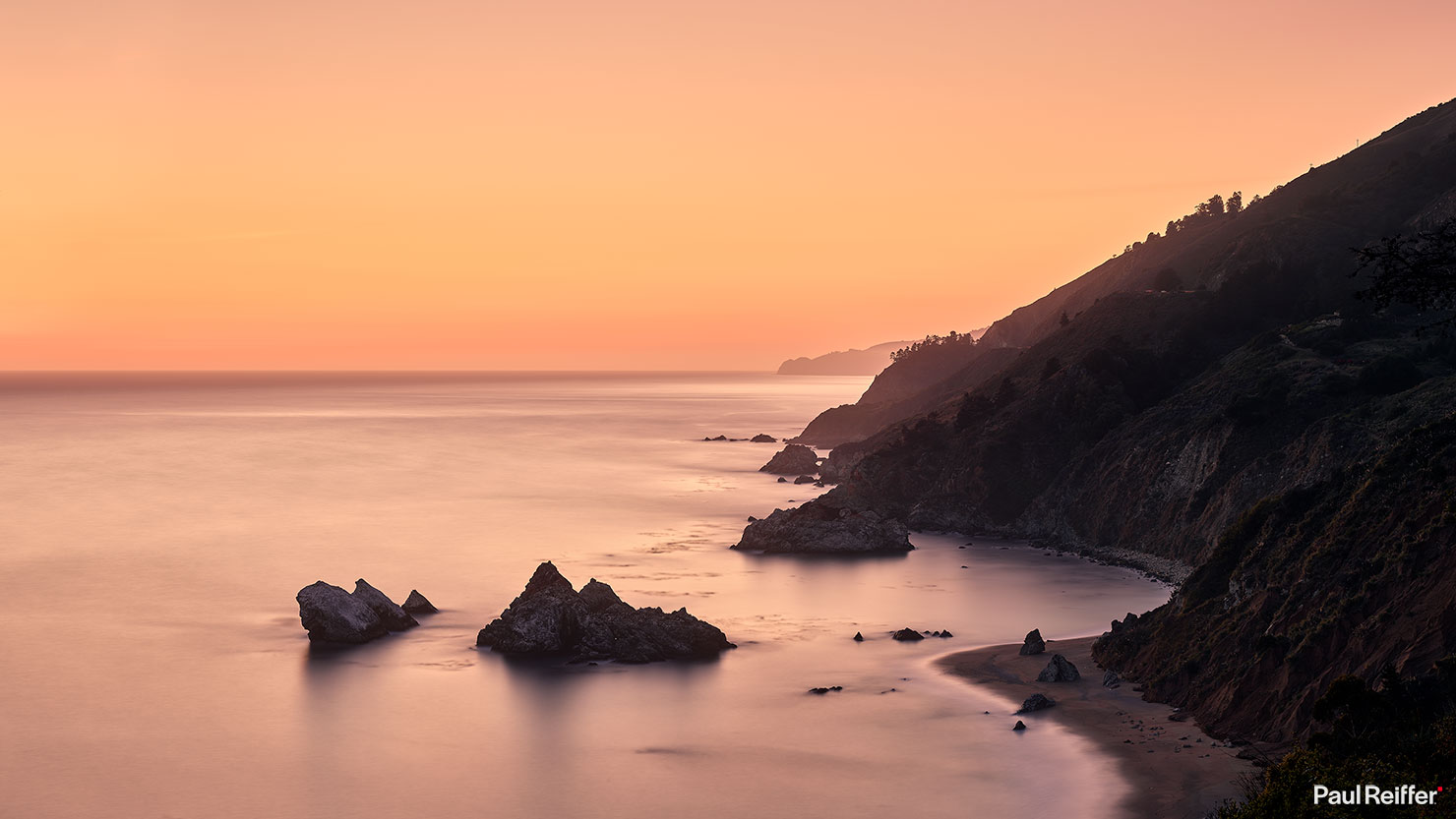 Big Sur North View Golden Coastline Rocks Hills Pacific Coast McWay Falls Sunset California Visit Open Road Paul Reiffer Long Exposure Landscape Seascape P0005291