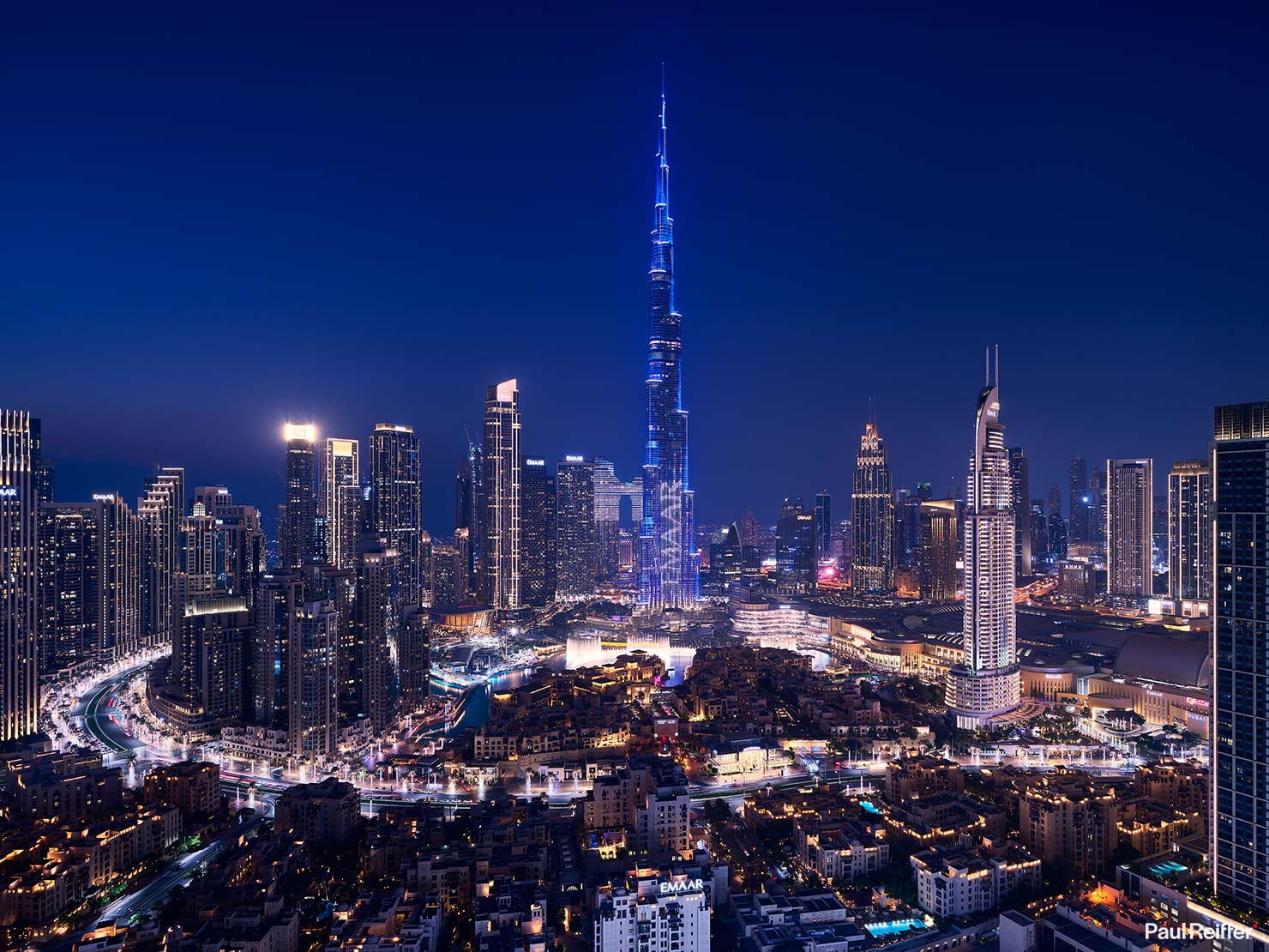 Dubai Downtown Damac Balcony Blue Hour Lights Night 1 Capture One P0054499 Paul Reiffer Phase One Cityscapes City Night Life Shots Photographer