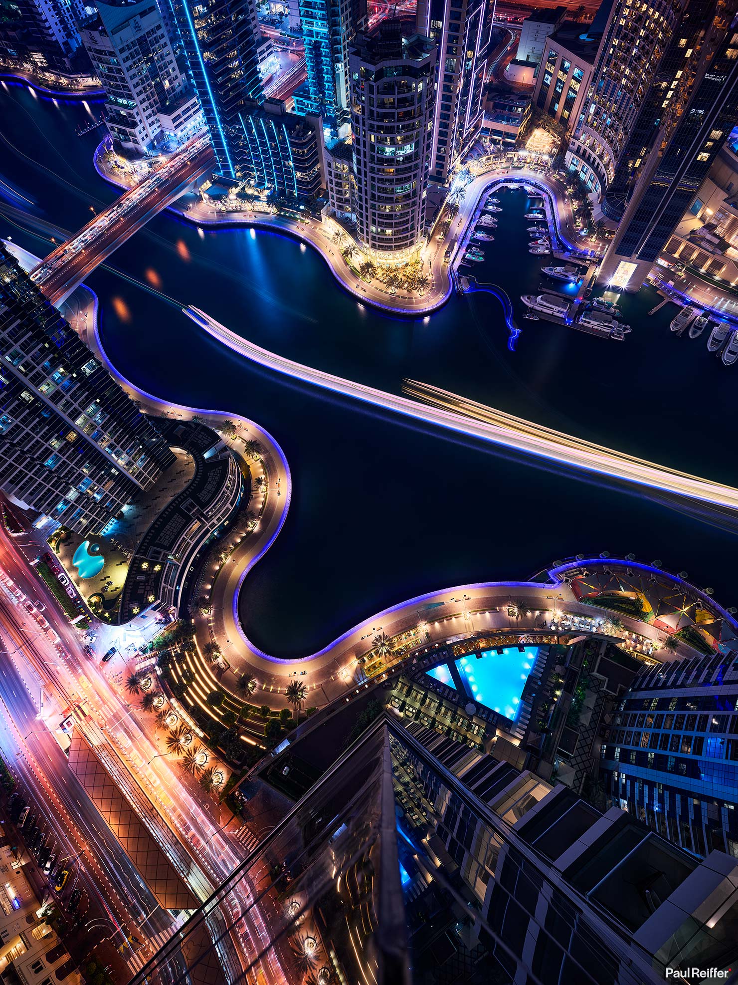 Dubai InterContinental Marina Looking Down Rooftop Night Capture One P0054464 Paul Reiffer Phase One Cityscapes City Night Life Shots Photographer
