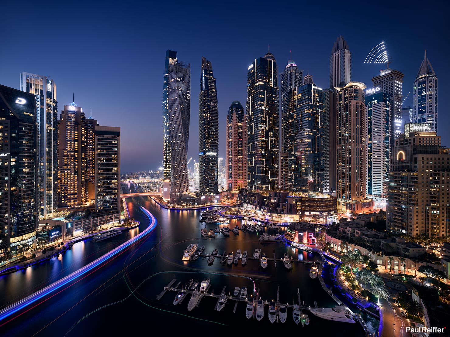 Dubai Marina Apartment View Capture One Blue Hour P0054455 Paul Reiffer Photographer Phase One Medium Format Cityscape Frame Averaging Long Exposure Rooftops Skyscrapers Night