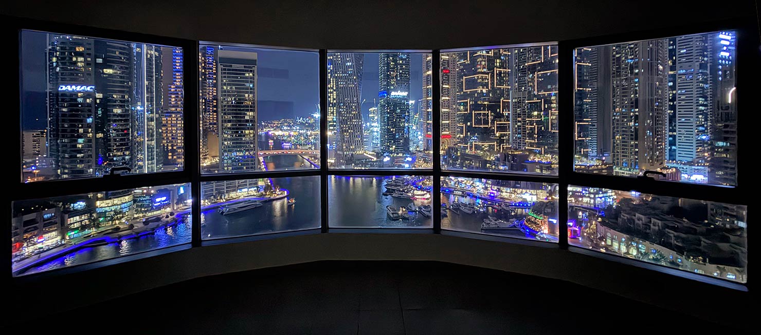 Night View From Dubai Marina Apartment Skyscrapers Lights BTS iPhone Capture One Paul Reiffer