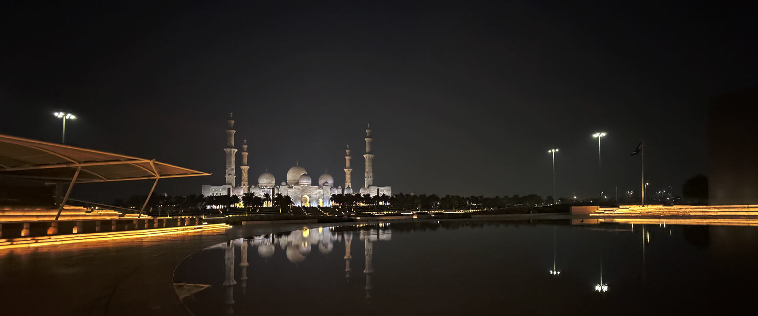 Sheikh Zayed Grand Mosque Abu Dhabi After Dark Lights Reflecting Pool BTS iPhone Capture One Paul Reiffer