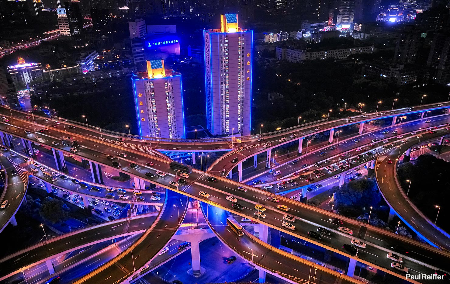 Shanghai Aerial Road Network Lit Lights Freeway Illuminated Intersection yan an drone Paul Reiffer Photographer Travel Destination Cityscape Professional Phase One