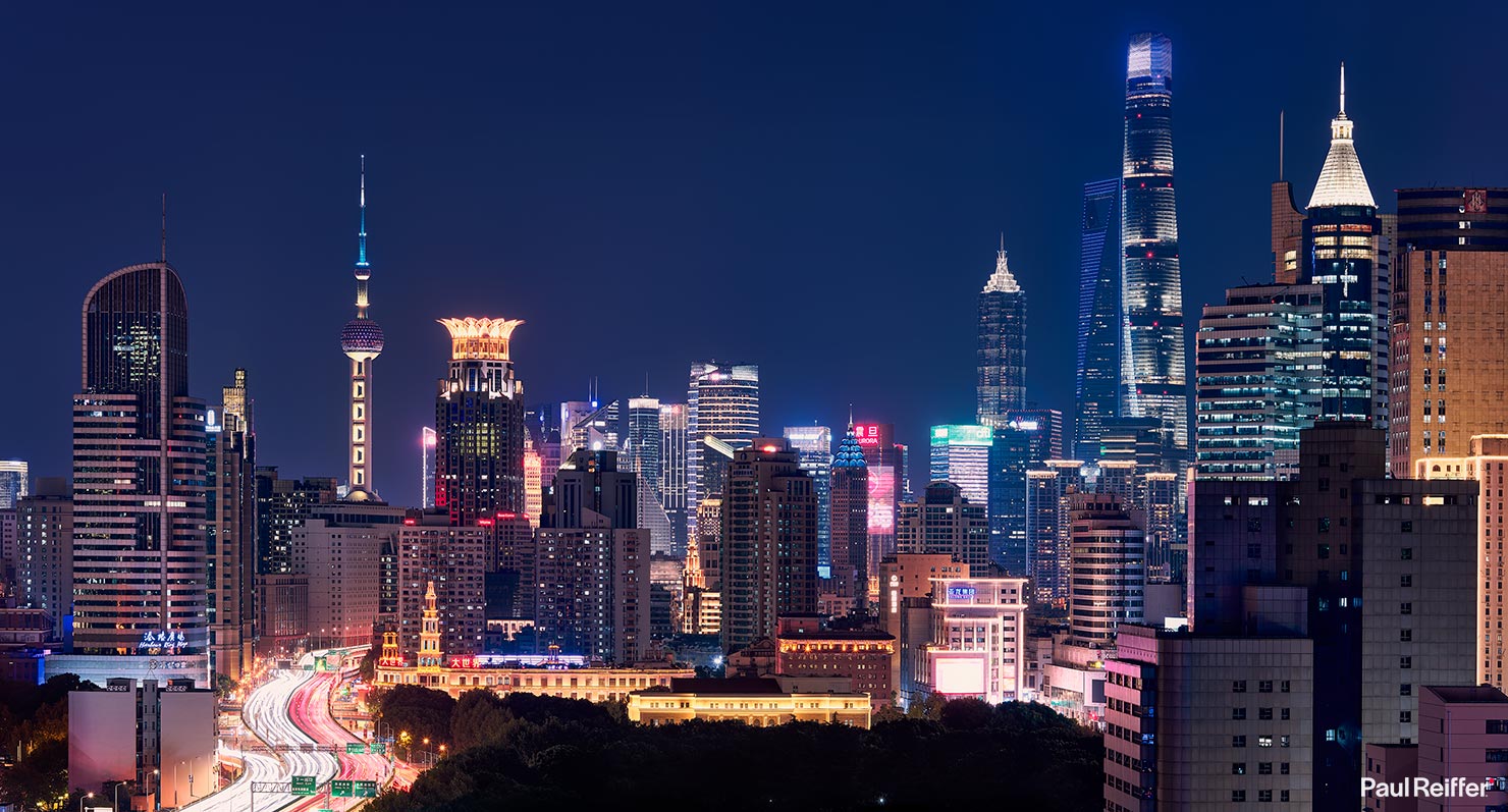 Shanghai Bund Yan An Road Night From 9 Dragon Panorama P0052683 Paul Reiffer Photographer Travel Destination Cityscape Professional Phase One