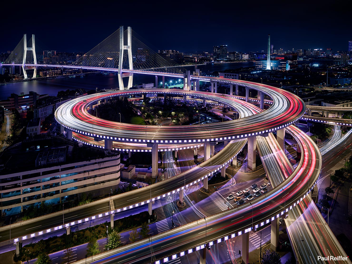 Shanghai Nanpu Bridge Racetrack Purple Lights Ins Building P0052642 Paul Reiffer Photographer Travel Destination Cityscape Professional Phase One