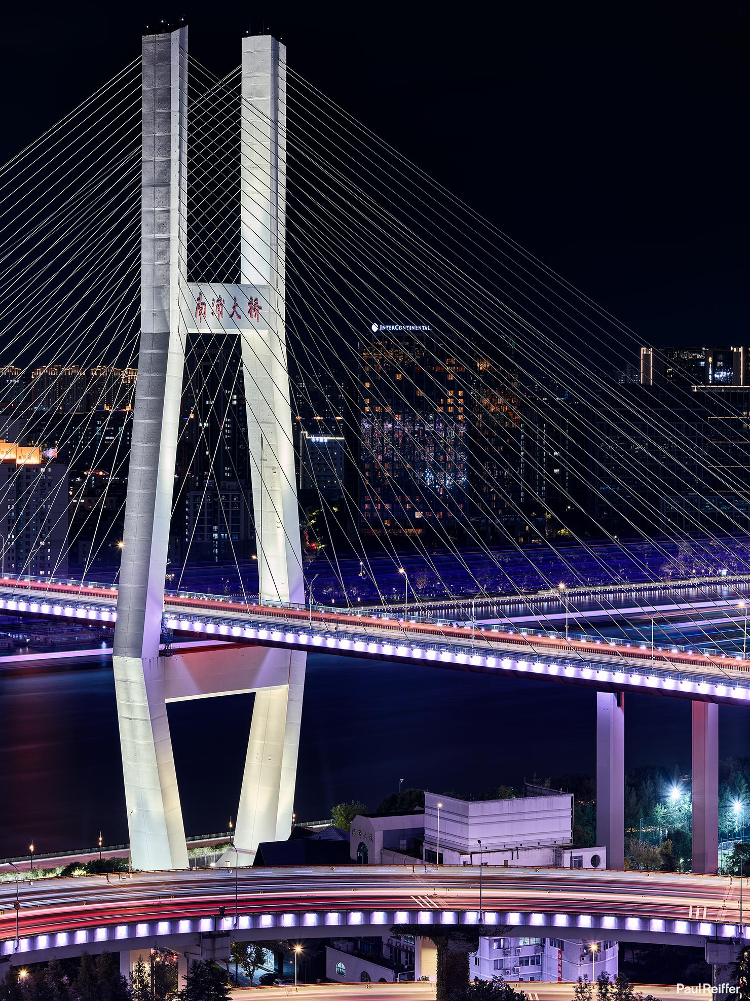 Shanghai Nanpu Bridge Tower Night Lights Portrait P0052710 Paul Reiffer Photographer Travel Destination Cityscape Professional Phase One