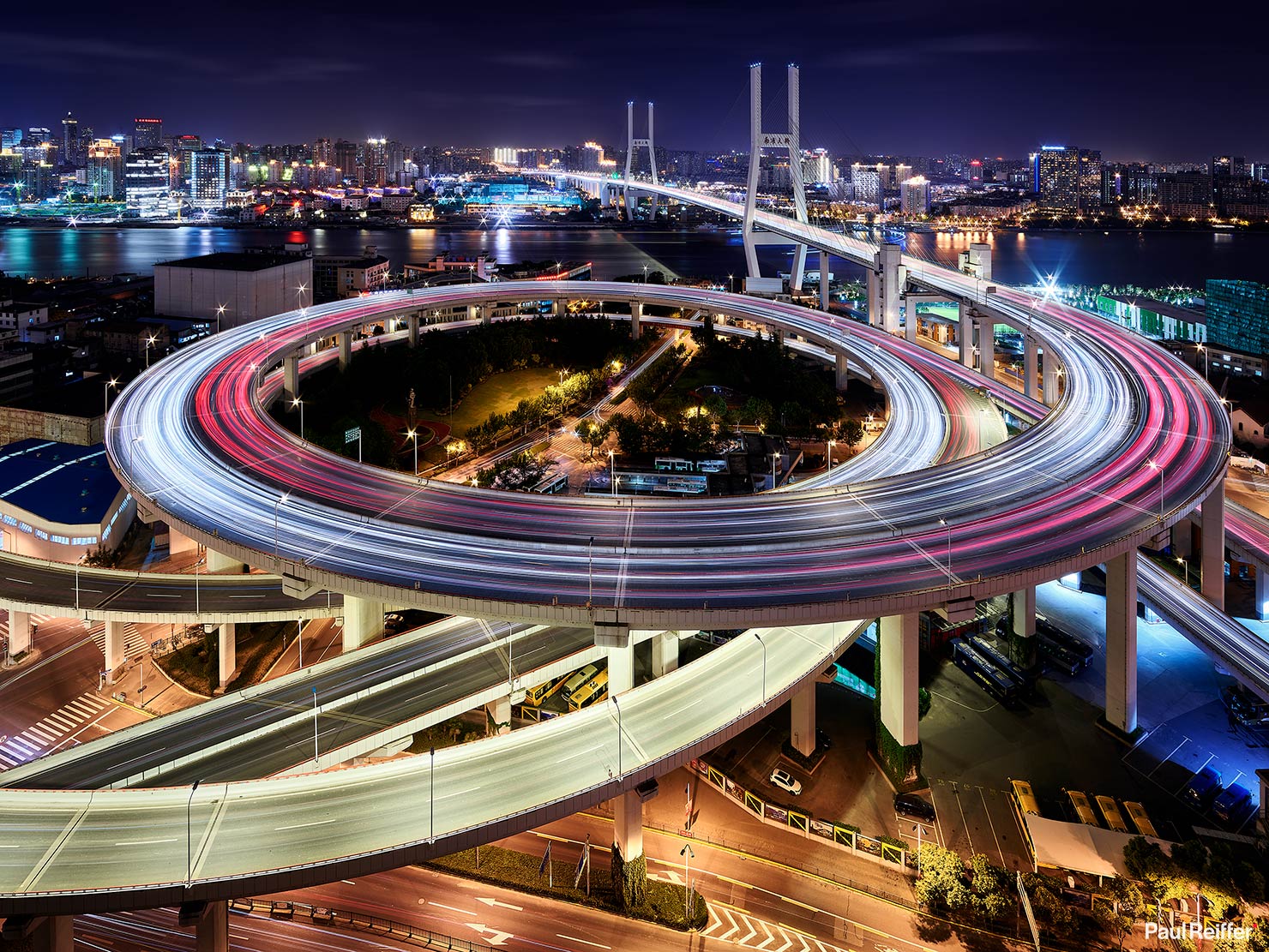 West View Approach China Road Network Traffic Trails Nanpu Bridge Shanghai v2 NEW Paul Reiffer Photographer Travel Destination Cityscape Professional Phase One